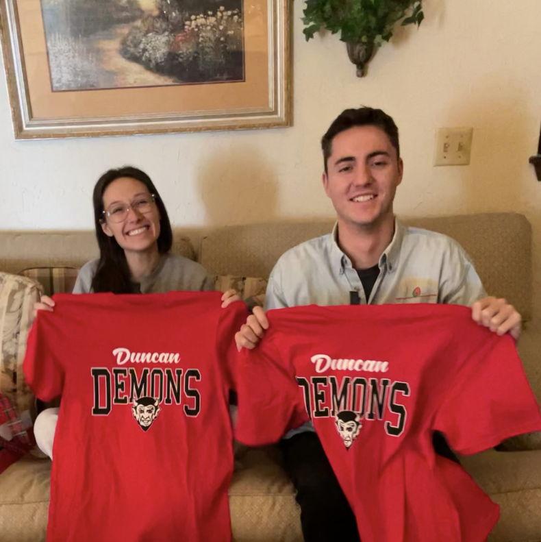 duncan demons shirts gifted from will's grandparents at annelise's first oklahoma christmas