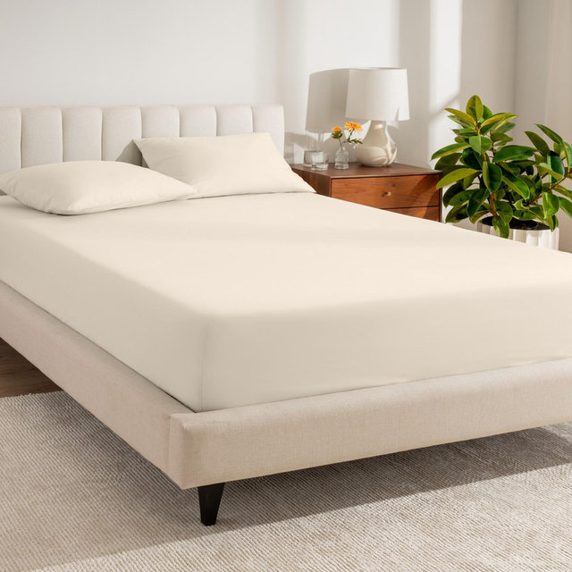 100% Organic Cotton Percale Cooling Fitted Sheet by Bare Home - Queen, Sand