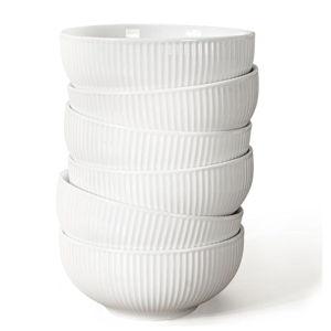 Artena Cereal Bowls 26 OZ, Ceramic Soup Bowls For Kitchen, Embossment Bowls For Rice Pasta Salad, White Bowls For Breakfast Lunch Dinner, 6 Inch, Set Of 6, Dishwasher & Microwave Safe, Stripe