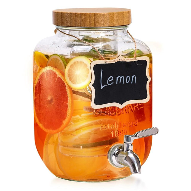 Roemey Glass Drink Dispenser for Parties,1 Gallon Beverage Dispenser with Bamboo Lid, Drink Machine for Lemonade, Iced drinks, Kombucha Dispenser for Parties, Laundry