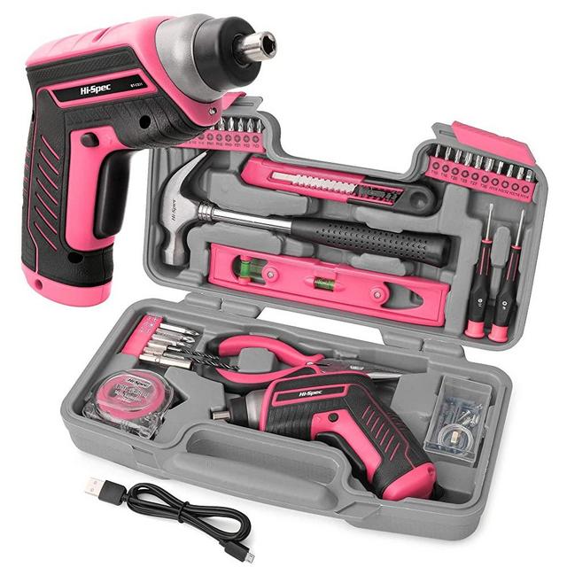 Hi Spec 35 Piece Pink Home DIY Tool Kit with USB Rechargeable 3.6V Electric Power Screwdriver. Easy Repair with Household Hand Tools & Picture Hanging Kit. All In a Portable Box