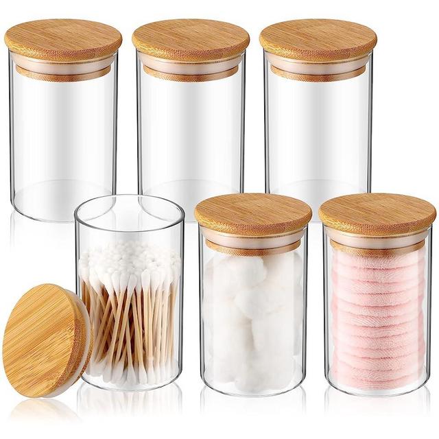 6 Pcs Glass Apothecary Jars Bathroom Jars with Bamboo Lids Cotton Pad Holder Bathroom Containers Cotton Swab Dispenser Cotton Ball Bathroom Canisters for Vanity Accessories Storage (Simple Style)
