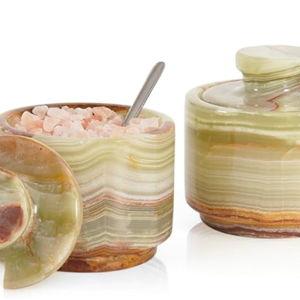 Marble Salt Cellar with Lid and Spoon 3" Inch Green Stone Salt Dish for Kitchen Countertop Storage