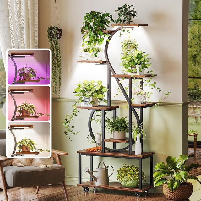 PRAISUN 65 Inch Plant Stand with Grow Light, 9 Tiered Indoor Plant Shelf with Larger Flower Holder, Music Note-shaped Stand with Top Ring Hook , Corner Plant Rack for Living Room, Rustic Brown