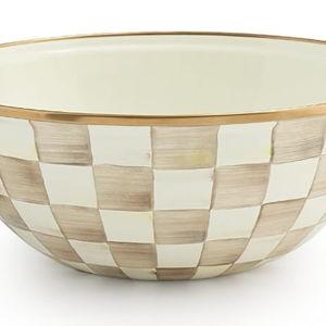 MACKENZIE-CHILDS Enamel Everyday Bowl, Serving Bowl for Entertaining, Medium, Brown-and-White Mocha Check