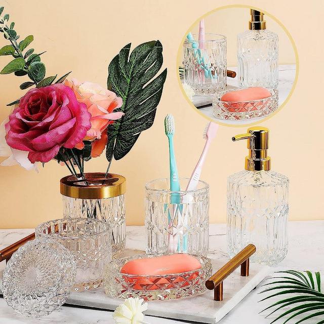 5Pcs Glass Bathroom Accessories Complete Set, Lotion Dispenser, Soap Dish, Toothbrush Holder, Tumbler, Cotton Swab Jars, Modern Bathroom Decor and Gift Set (White)