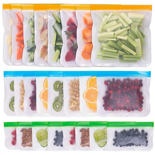 Greenzla Reusable Storage Bags – 24 Pack BPA FREE Freezer Bags ( 8 Reusable Gallon Bags & 8 Reusable Sandwich Bags & 8 Reusable Snack Bags), EXTRA THICK & Leakproof Reusable Lunch Bags for Food