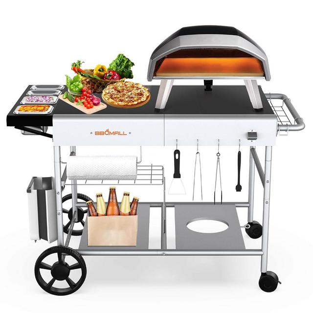 BBQMall Pizza Oven Cart Table for Ooni Koda/Karu/Fyra 16 & 12 with Pizza Topping Station, Movable Food and Prep Workcart, Outdoor Grill Stand for Ninja Woodfire, Blackstone Griddle Cuisinart etc Grill