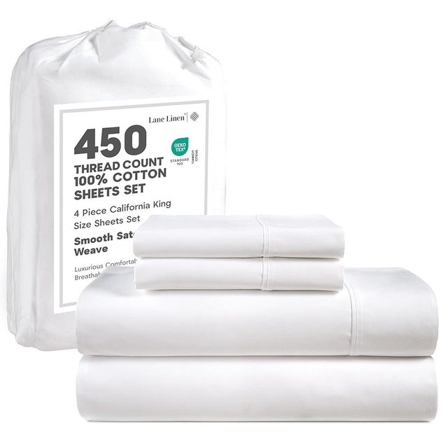 LANE LINEN 100% Cotton California King Sheet Set – 450 Thread Count Soft Sateen Sheets, Naturally Cooling & Breathable, 15” Deep Pocket Fully Elasticized Fitted Sheet, Bedding & Pillowcases, White