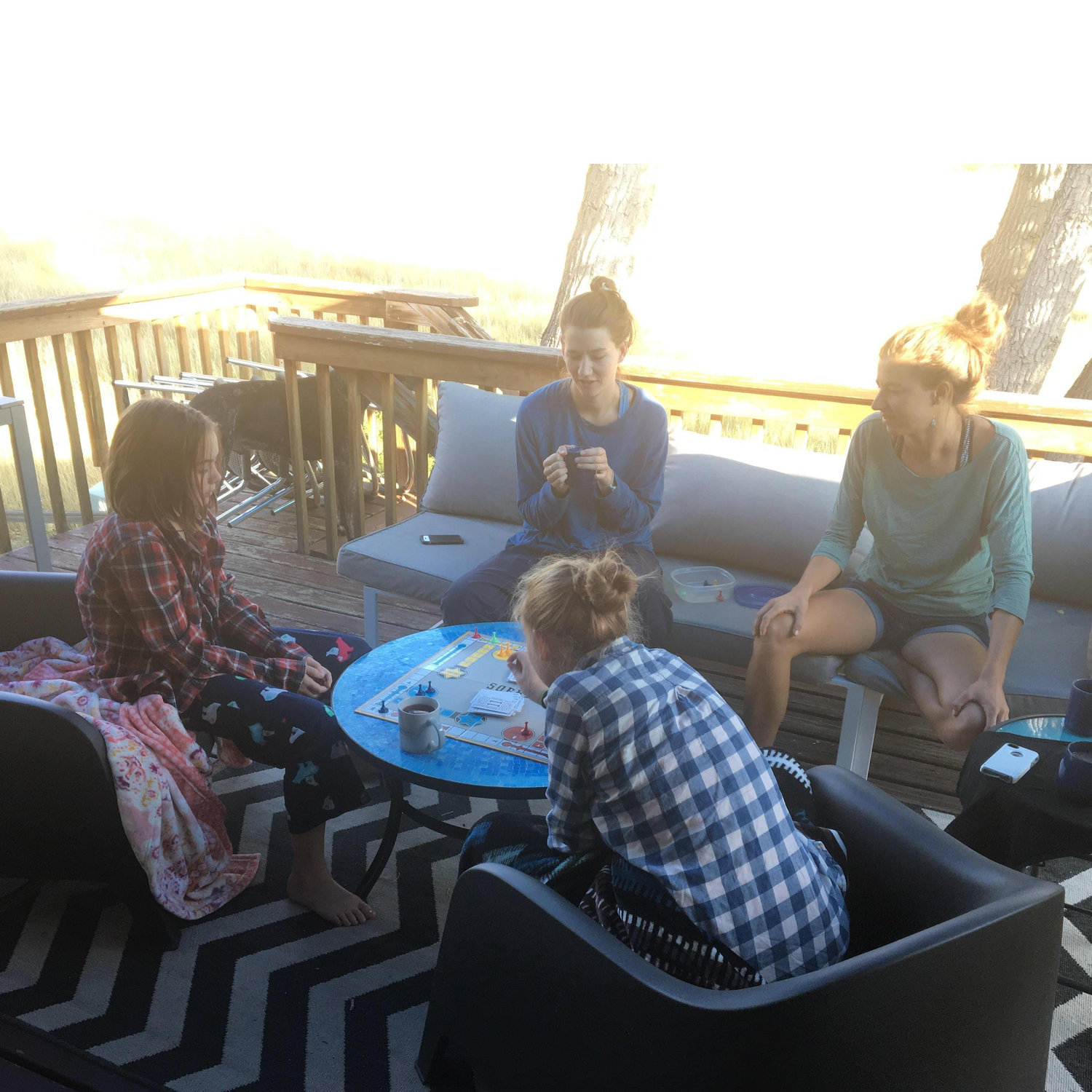 One of many games of Sorry on the deck