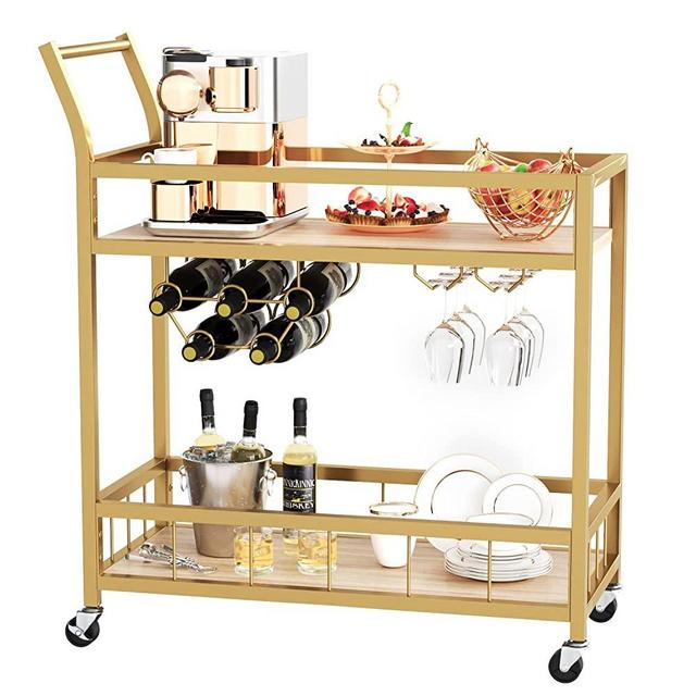 Furmax Bar Cart Home Industrial Mobile Bar Cart Serving Wine Cart on Wheels with Wine Rack and Glass Holder 2 Wood Storage Shelves for Living Room, Kitchen, Party (Gold)