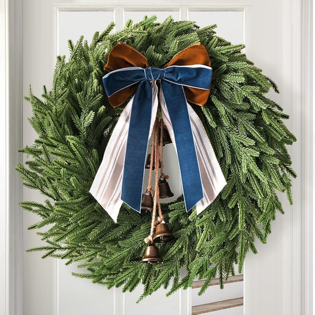 Christmas Decorations - 22 Inch Norfolk Pine Christmas Wreath with Bells and Ribbon - Artificial Pine Greenery Winter Wreath for Home Table Wall Window Porch Door Indoor Outdoor Decor