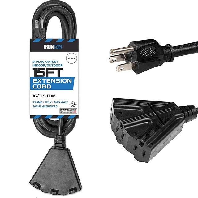 15 Ft Outdoor Extension Cord with 3 Electrical Power Outlets - 16/3 SJTW Durable Black Cable