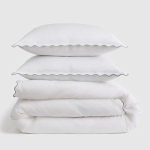 Wave Scallop Organic Percale Duvet Cover Set in White/Dried Sage