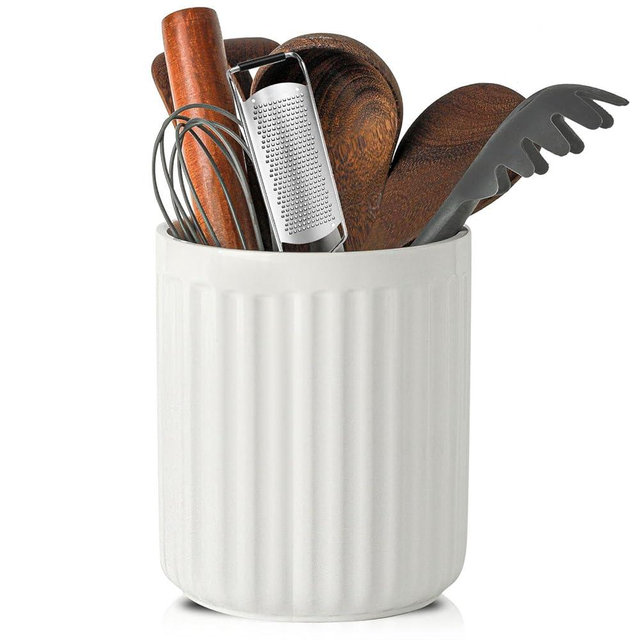 Hasense Utensil Holder, 7.3” x 6.2” Farmhouse Utensil Holder for Kitchen Countertop, Ceramic Cooking Utensil Crock, Kitchen Utensil Organizer for Wedding Gift, Spatula Holder for Counter, White