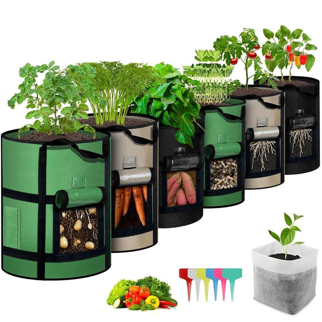 MEKOLIFE 6-Pack 10 Gallon Grow Bags with Window to Harvest - Potato Grow Bags with Handles - Thickened Fabric Pots - Large Garden Grow Bags - Tomato Garden Vegetables Grow Bags with Harvest Window