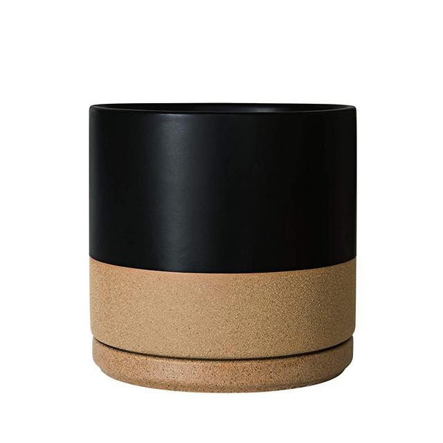 Ceramic Planter Pot with Drainage Hole and Saucer, Indoor Cylinder Round Plants Pot, 8 Inch, Matte Black/Speckled Tan