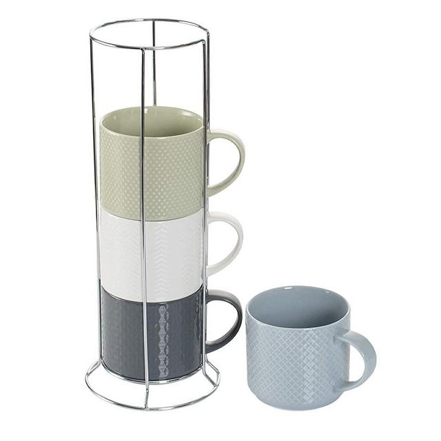 Hasense Stackable Porcelain Coffee Mugs Set of 4 with Metal Stand, 15 Ounce  Embossed Cappuccino Cups…See more Hasense Stackable Porcelain Coffee Mugs