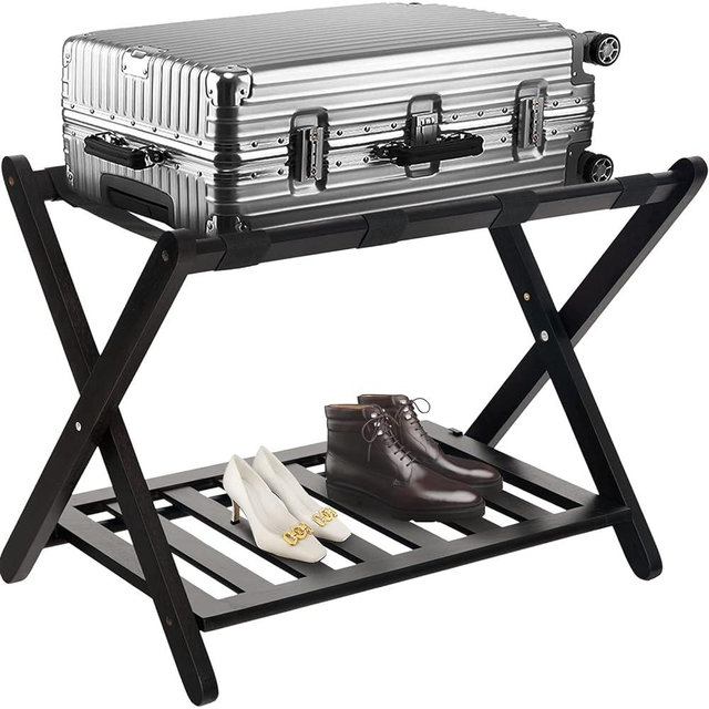 Smart FENDEE Fully Assembled Wooden Suitcase Stand, Folding Luggage Racks with Shoe Shelf, Heavy Duty Luggage Holders Foldable Suitcase Racks Ideal for Guest Room, Bedroom, Hotel, Espresso