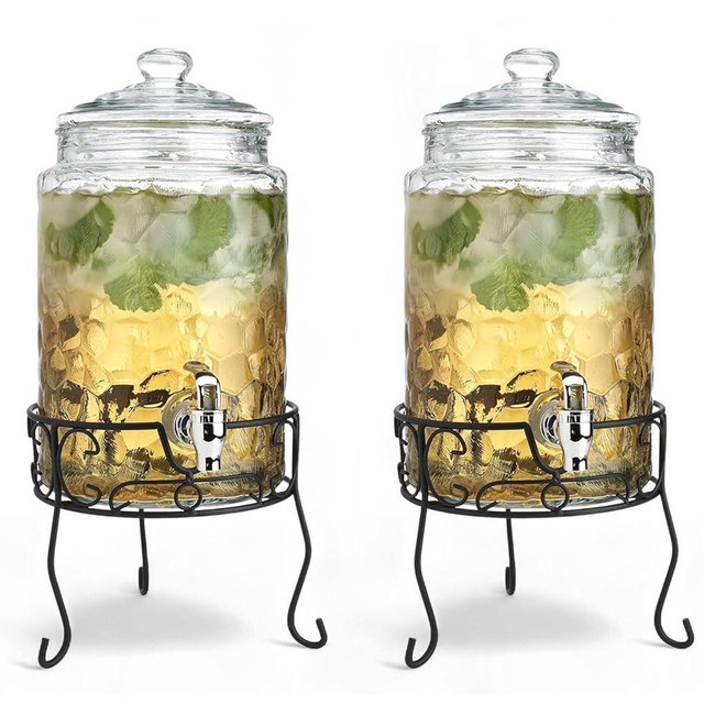 2 PACK 1.5 Gallon Drink dispenser, Classic Hammered Glass Beverage Dispenser With Elegant Stand, Drink Dispensers for Parties With Spigot 100% Leakproof. Perfect For Parties And Daily Use