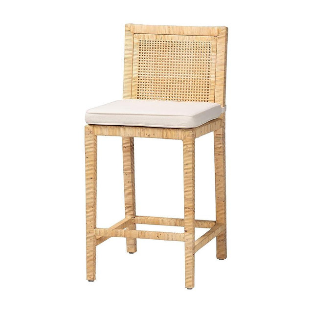 bali & pari Sofia Rattan Counter Stool with Mahogany Wood Frame - Handwoven Wicker Counter Chair with Removable Cushion, Light Honey