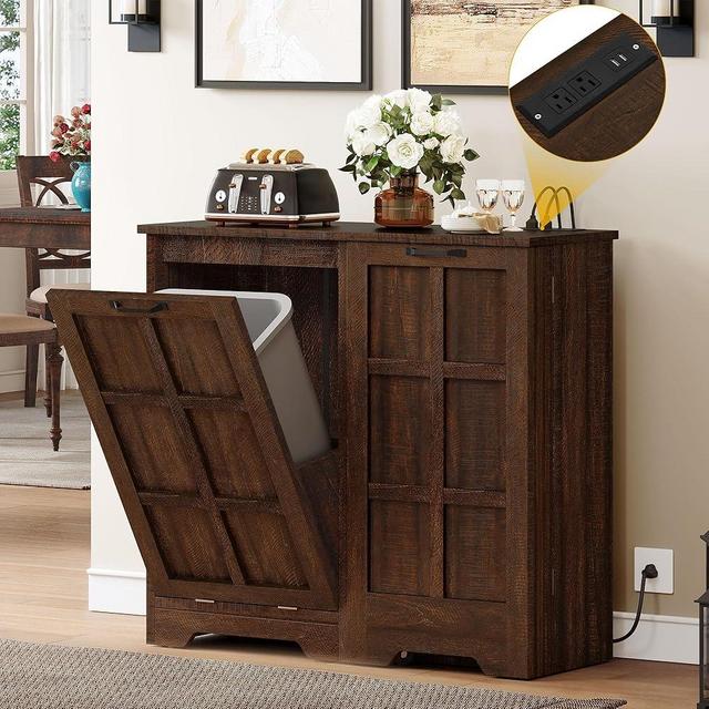 DWVO Tilt Out Trash Cabinet, 13 Gallon Cabinet Trash Can with with Outlet/Adjustable Shelves, Hidden Pull Out Trash Bin Cabinet, Kitchen Island with Trash Can Storage, Brown Oak