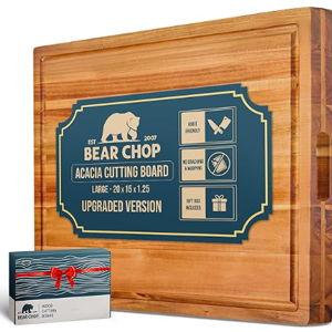 [2025 Upgraded] Bearchop Acacia Wood Cutting Board for Kitchen with 2-Side Reinforced Bar for Crack/Warp Resistance, [20"x15"x1.25"] Large Wooden Cutting Board with Gift Box, Juice Groove and Handle