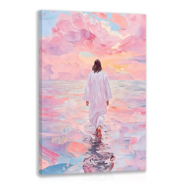 FASWQ Framed Jesus Wall Art, Pink Jesus Walking On Water Wall Decor, Minimalist Religious Savior Canvas Painting, Modern Christian Bible Aesthetic Picture for Church Hospital Prayer Areas 12"x16"