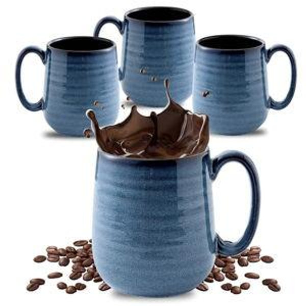 HASENSE 15 Ounce Porcelain Coffee Mugs Set of 4 with Large Handle Perfect for Coffee, Tea, Milk, Chocolate and Latte, Unqiue Glaze Ceramic Coffee Cups Set for Man and Woman, Sky Blue
