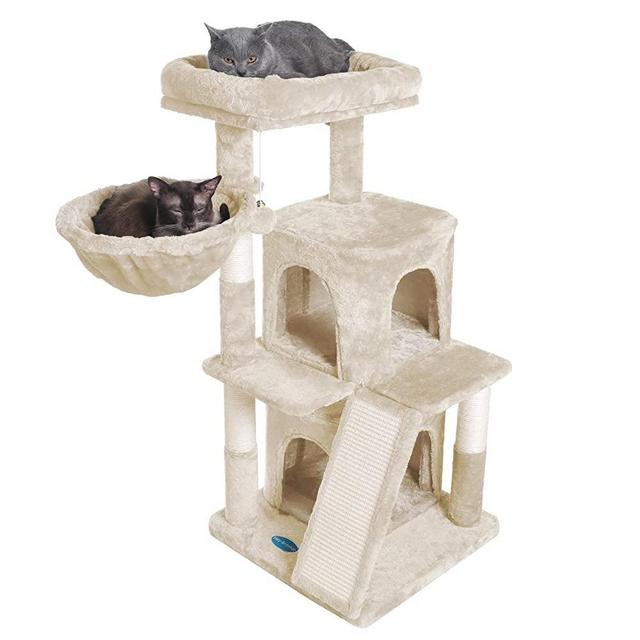 Hey-brother 41.34 inches Cat Tree with Scratching Board, 2 Luxury Condos, Cat Tower with Padded Plush Perch and Cozy Basket