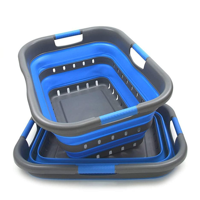 SAMMART Set of 2 Collapsible 3 Handled Plastic Laundry Basket - Foldable Pop Up Storage Container/Organizer - Portable Washing Tub - Space Saving Hamper/Basket (2, Grey/Blue)