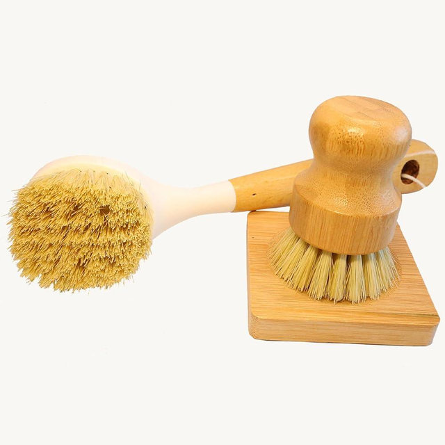 JouiiSiYa Natural Bristle Dish Brush Set, 1 Wooden Dish Brush and 1 Bamboo Dish Brush with 1 Bamboo Drainer Tray, All Circle Kitchen Scrub Brush for Dishes