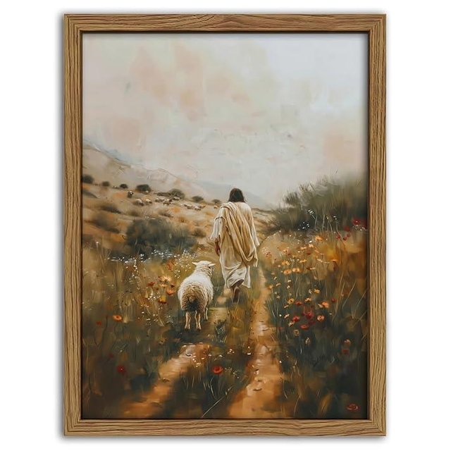 Jesus Leaves the 99 Sheep Canvas Wall Art Christian Wall Decor Picture Jesus and Lamb Painting The Lost Sheep Posters Prints for Living Room Bedroom Church Prayer Home Decor 16x24Inch Wood Framed
