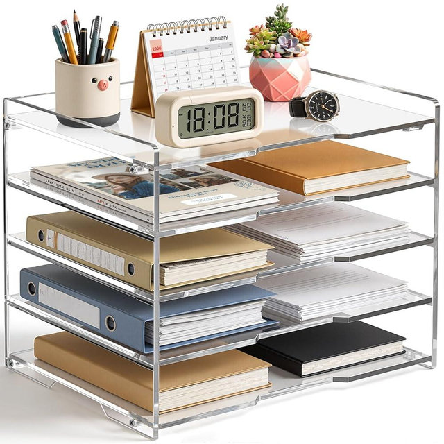 KKU 5 Tier Clear Acrylic Desk Organizer, Letter Tray Paper File Desk Organizer and Accessories For Office Supplies