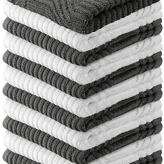 Oakias Dish Cloths Dark Grey and White (12 Pack, 12 x 12 Inches) – Cotton Kitchen Towels – 400 GSM Highly Absorbent & Quick Drying Dish Towels