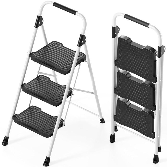 KINGRACK 3 Step Folding Ladder, 900 lbs Load Capacity, Non-Skid Large Pedals, Handrail, Safety Lock, Sturdy Step Stool for Home, Office, Garden, Multi-Purpose, White