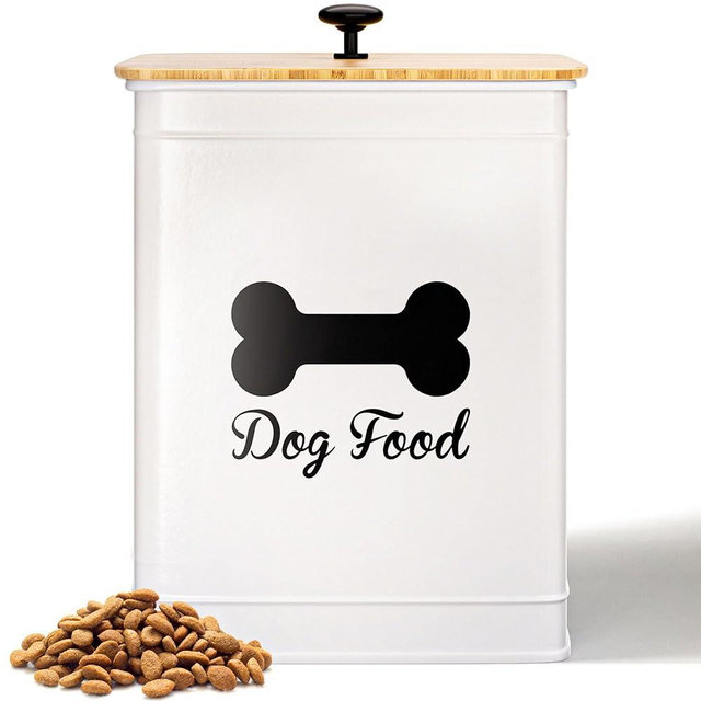 Dog Food Container 10 lb - 25 Cups Airtight Dog Food Storage Container with Bamboo Lid - Metal Dog Food Storage Container Cute - Dog Food Bin White - Dog Food Holder - Metal Pet Food Container 10 lb