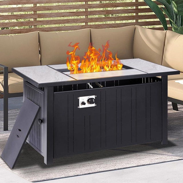 OutVue 47" Propane Fire Pit Table with Real Ceramic Tabletop, 50000 BTU Gas Firepit Table with Lid & Glass Rock, Outdoor Fire Pit for Dining or Party, Firepit for Outside, Patio