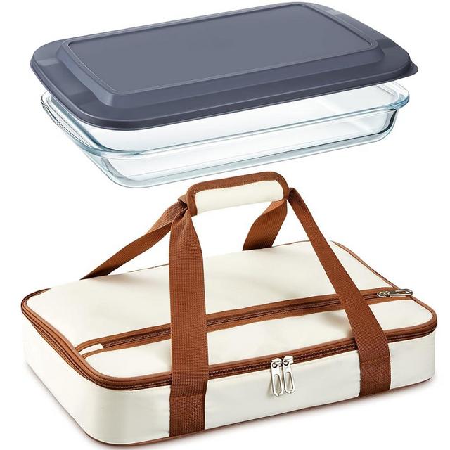 FoldTier Glass Baking Dish with Lid Glass Casserole with Carrier 9 x 13 Inch Insulated Bag for Hot Cold Food Deep Casserole Dish for Oven Potluck Party Picnic Cookouts (Beige)