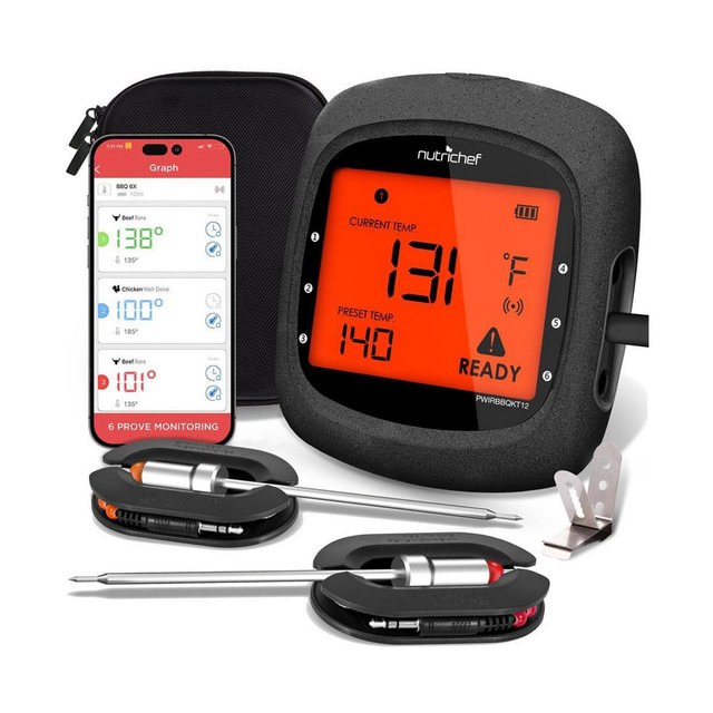 NutriChef Bluetooth Wireless BBQ Digital Thermometer - Includes 2 Temperature Probes and Travel Case with Digital LCD Display Screen