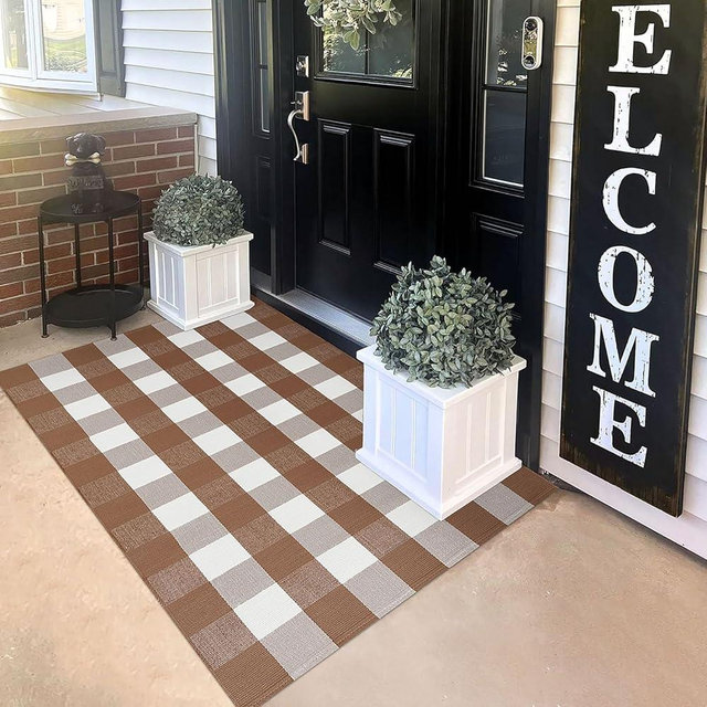 KILOCOCO Buffalo Plaid Checkered Rug 3'x5' Front Door Mat Outdoor Brown and White Entryway Rugs Cotton Washable Front Porch Rug Layered Doormats for Patio Farmhouse Entry Kitchen Laundry Room