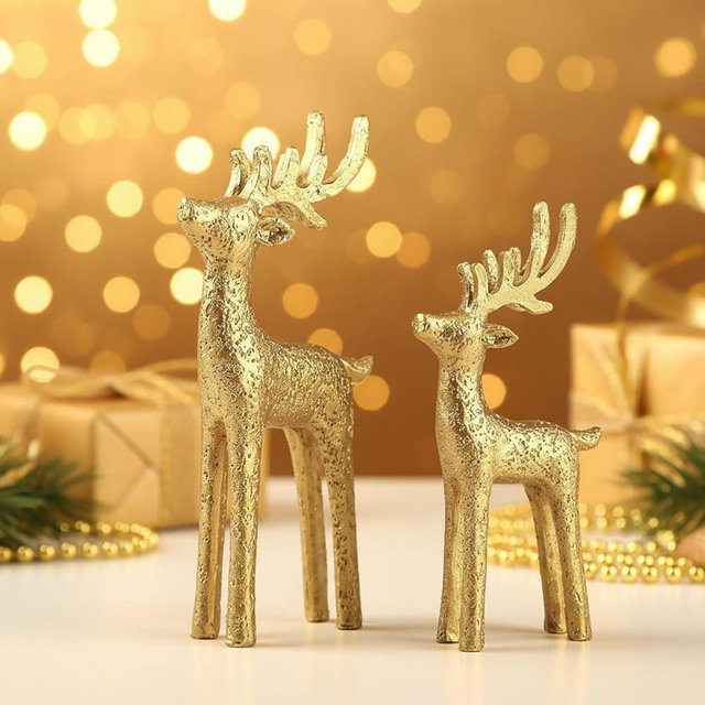 Burbell 2 Set Modern Christmas Decor Neutral Christmas Reindeer Decor Resin Deer Statues Figurines Elk Statues for Neutral Modern Living Room Bedroom Office Bookshelf Desk Ornaments(Gold,Small)