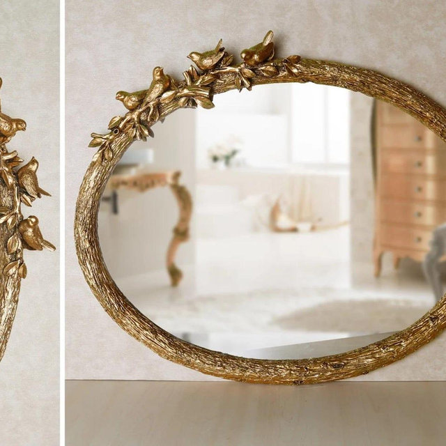 Bird Figure Oval Wall Mirror, Gold Resin Frame (22x26 inches)