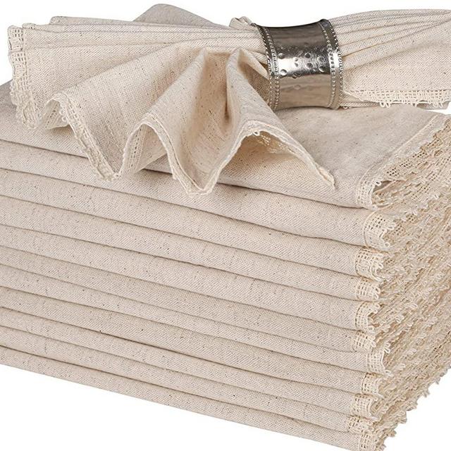Flax Linen Cotton Cloth Dinner Napkin 18x18 with Lace 18x18" Linen,Wedding Napkins, Cocktails Napkins, Fabric Napkins, Cotton Napkins Mitered Corners , Machine Washable Dinner Napkins, Set Of 12