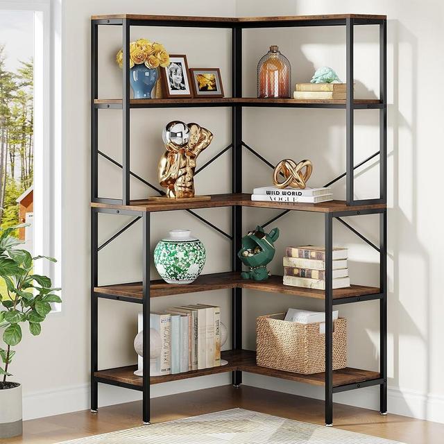 Tribesigns L Shaped Bookshel, 5 Tiers Corner Bookcase, 67" Tall Open Wood Storage Shelves Bookcase, Diplay Shelves, Deorative Shelf for Living Room, Kitchen