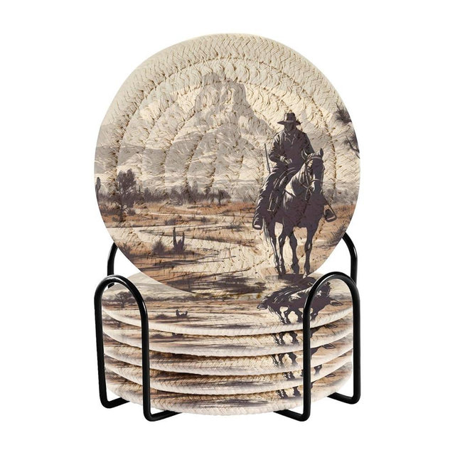 innewgogo Western Cowboy 6 Pcs Absorbent Drink Coasters for Tabletop Protection Handmade Round Woven Coaster with Holder & Heat Water Resistant Housewarming Gift for Kinds of Cups Bar Kitchen Cafe