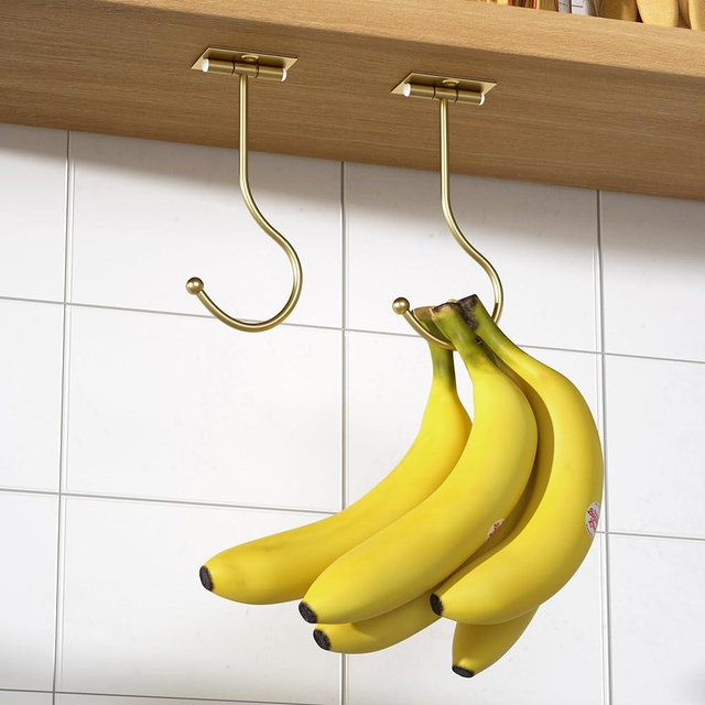 2-Pack Banana Hook Under Cabinet: Banana Holder,Metal Banana Hanger Hook,Adhesive Banana Hook, Foldable Banana Hook, Folds Up With Magnets When Not In Use, Banana Rack,Keep Bananas Fresh (Gold)