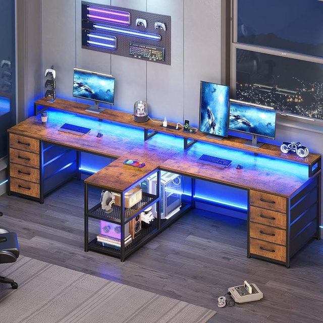 SEDETA 94.5" 2 Person Gaming Desk, Long Office Computer Desk with 8 Drawers & LED Lights, Two Person Desk with Storage, Power Strip & Monitor Stand for Home Office, Rustic Brown
