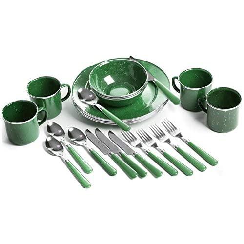 STANSPORT - Deluxe 24-Piece Enamel Tableware Set: Plates, Bowls, Mugs & Utensils