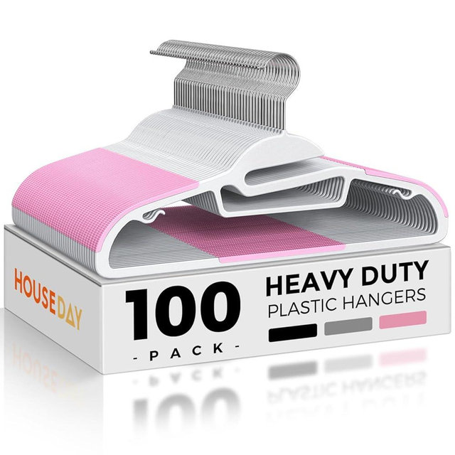 HOUSE DAY Heavy Duty Plastic Hangers 100 Pack, Pink Slim Clothes Hangers Space Saving, Non Slip Hangers with Rubber Pads, Durable Coat Hanger for Closet, S-Shaped Hanger for Shirt, Suit, Pant, Skirt